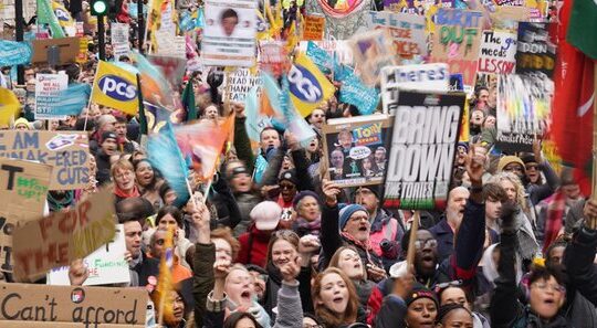 The largest strike in a decade includes assistance from teachers, lecturers, public employees, train drivers, and others
