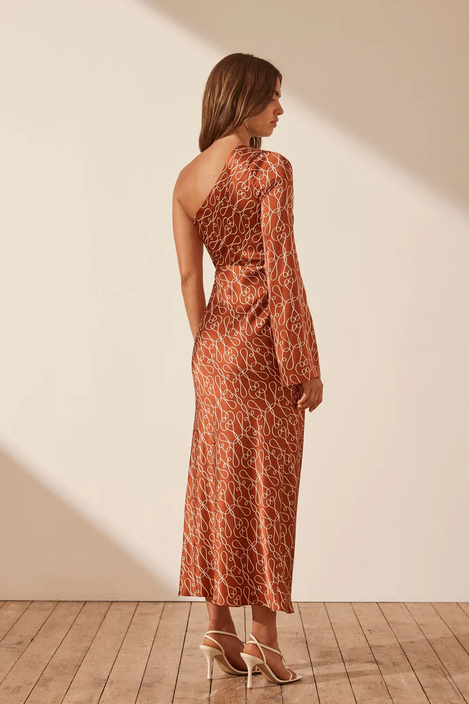 6 ways to embrace the trendy "Tomato Girl Summer" aesthetic 3 Artisti Silk One Shoulder Midi Dress