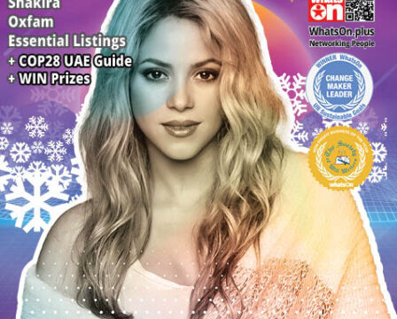 Shakira featured on the cover of WhatsOn Magazine’s Christmas Guide 2023, posing festively with a holiday-themed look.